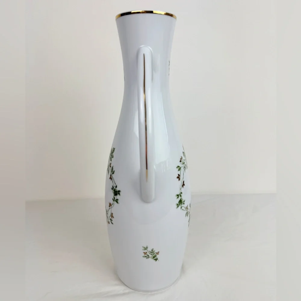 Hollohaza Hungary Erika Green Floral Handled Porcelain Vase